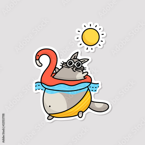 Cute fat cartoon cat with inflatable life buoy vector illustration isolated.