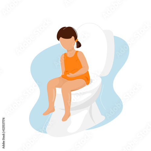 Little girl with diarrhea sitting on toilet bowl