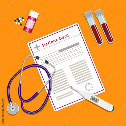 Top view of a doctor's desk. Patient card, blood tubes, stethoscope, pills and thermometer. Vector illustration on yellow background.