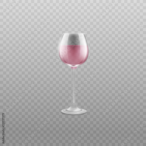 Realistic clear wine glass with light pink alcohol drink - vector illustration