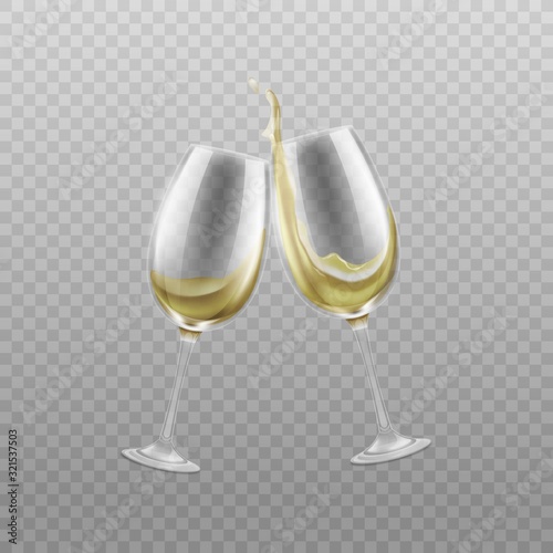 Wine glasses with splashing white wine realistic vector illustration isolated.