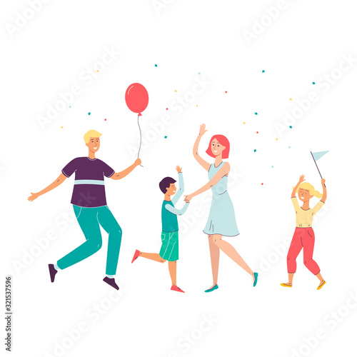 Happy cartoon family dancing and celebrating isolated on white background