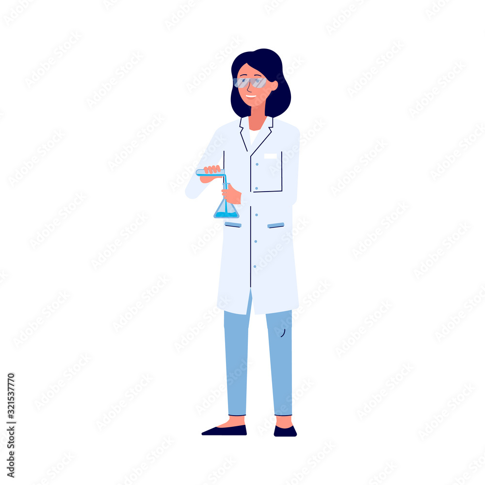 Woman scientist conducts chemistry experiment, flat vector illustration isolated. Woman scientist conducts chemistry experiment, flat vector illustration isolated.