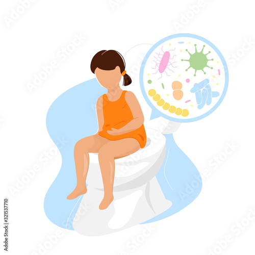 Girl sits on toilet bowl with microorganisms image
