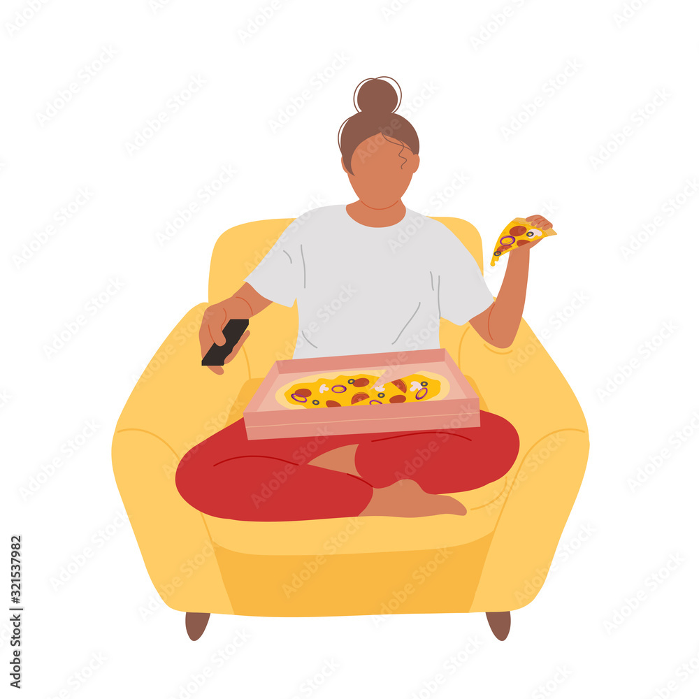 Woman in armchair with pizza on lap Woman in armchair with pizza on lap