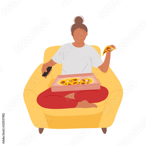 Woman  in armchair with pizza on lap