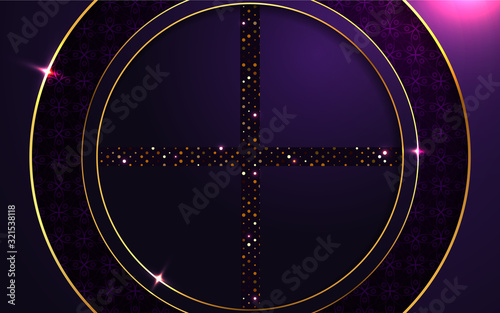 Luxury purple paper shapes background a combination with shine golden dots glitters decoration. Elegant vector design for use element poster celebration, banner party, anniversary flyer, greeting card