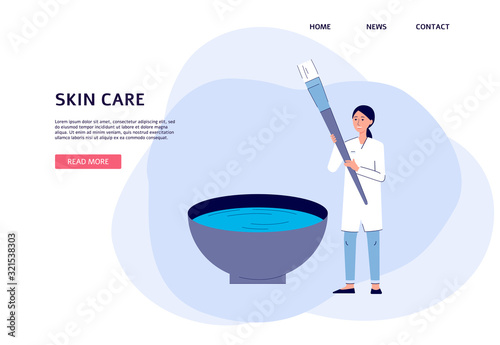 Skin care banner - cartoon doctor mixing face mask in giant bowl with brush.