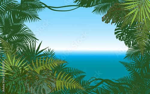 vector image of jungle palm trees as frame for text on sea background