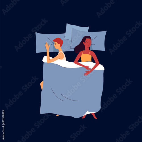 Man and african american woman sleeping flat vector illustration isolated.