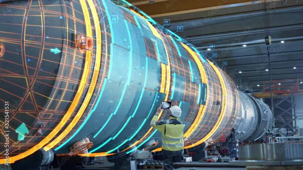 AR Concept: Industrial Engineer Uses Augmented Reality Digital Tablet to Scan Large Metal Construction, Special Effects Show Visualization / Digitalization of Oil, Gas and Fuel Transport Pipeline.