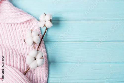 Fototapeta Naklejka Na Ścianę i Meble -  cotton flower on a knitted plaid, pink plaid with on a blue background