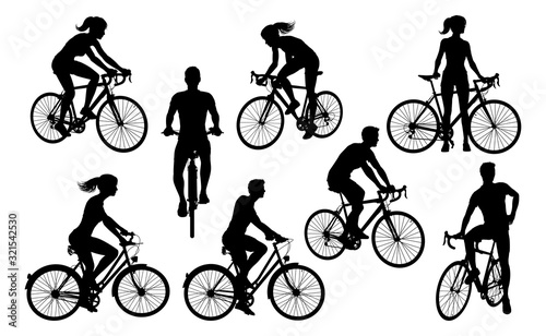 A set of bicycle cyclists riding their bikes in silhouette