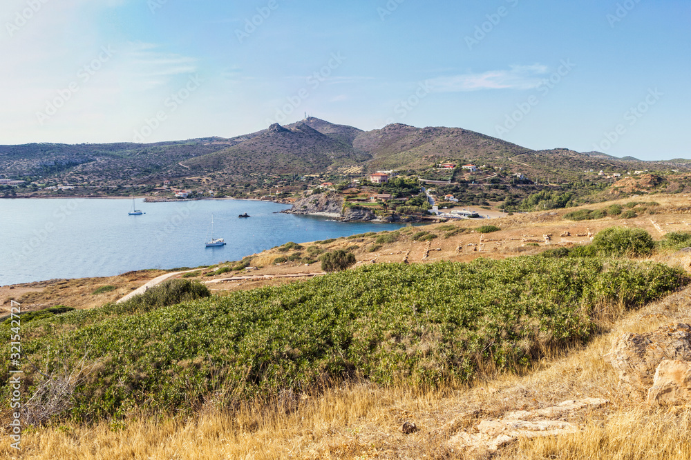 Sailboats at the coast of Cape Sounion, Attika, Greece Sailboats at the coast of Cape Sounion, Attika, Greece