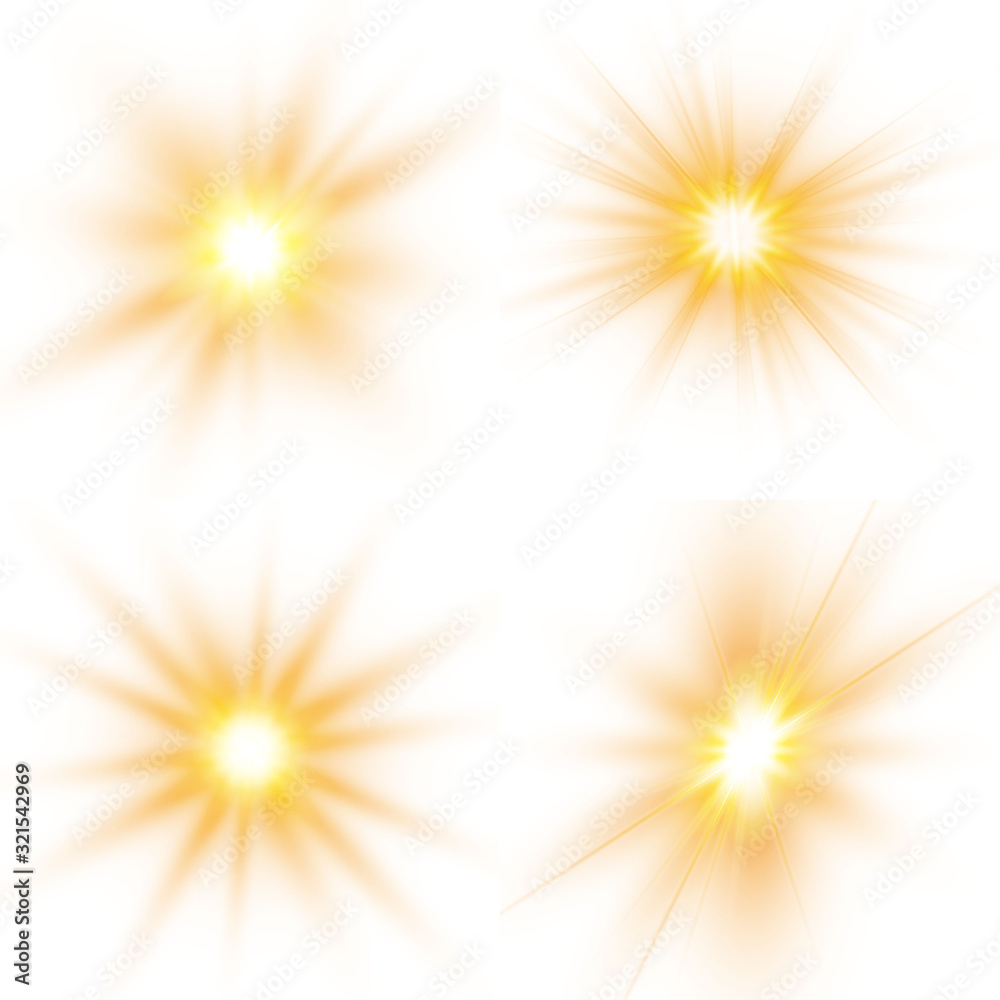 Set of bright stars. Sunlight translucent special design light effect on a white background. Vector illustration. Set of bright stars. Sunlight translucent special design light effect on a white background. Vector illustration.