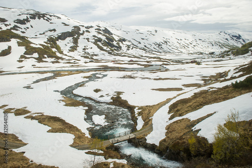 Hordaland / Norway. 06.29.2015.Snowy landscapes of the Vossevangen mountains in Norway