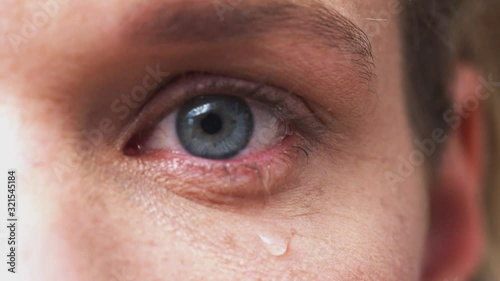 Extreme Close Up Of Eye As Unhappy Man Cries Into Camera In Studio photo
