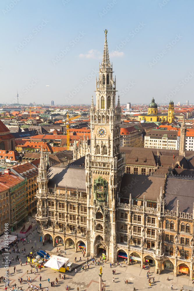 Beautiful super wide-angle sunny aerial view of Munich, Bayern, Bavaria, German