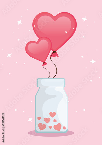 balloons helium in heart shape with bottle vector illustration design