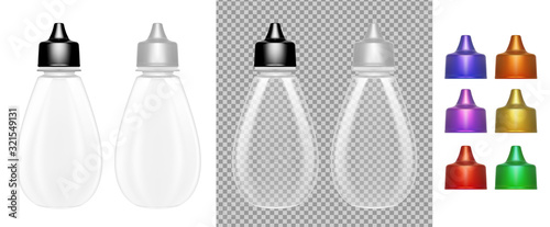 Vector transparent honey bottle with color caps