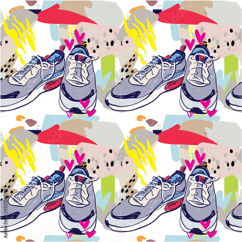 Seamless pattern with sneakers. Multi-colored youth pattern. Abstract background.