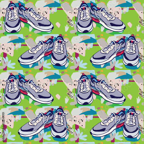 Seamless pattern with sneakers. Multi-colored youth pattern. Abstract background.