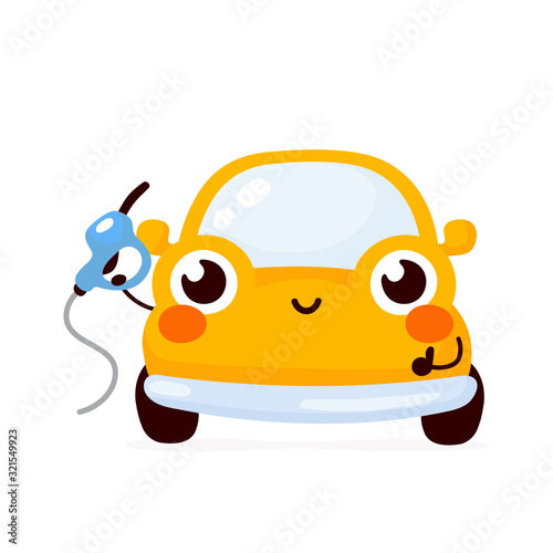 Cute happy yellow car with refueling gun