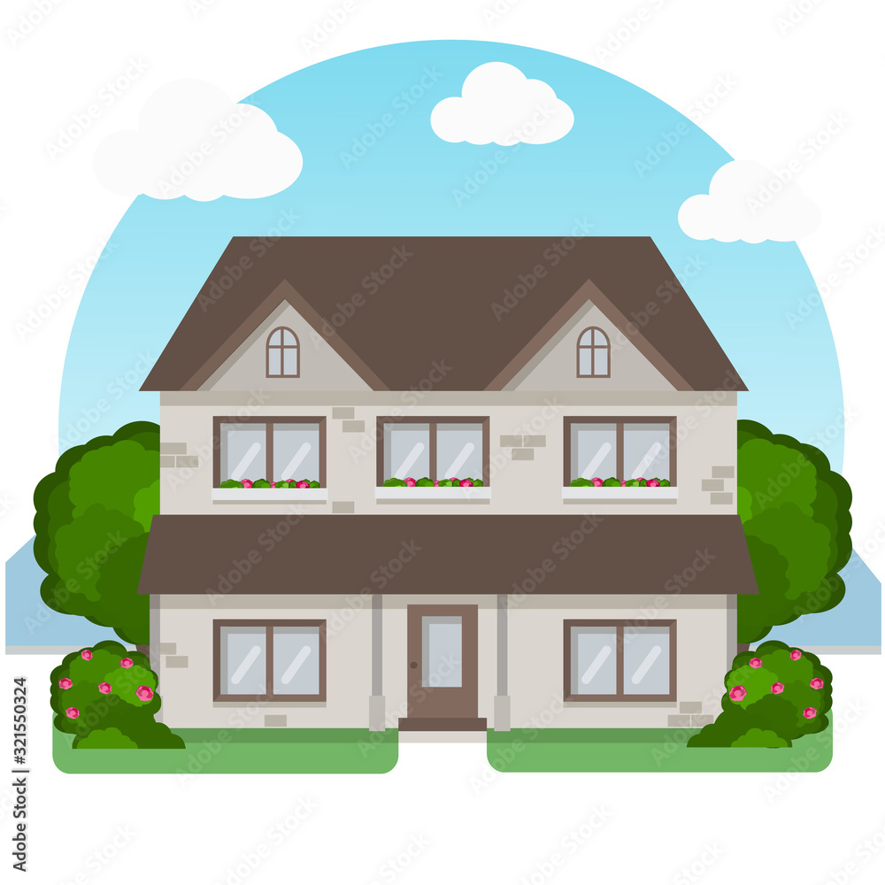 Vector house in flat style. Green background with flowers.