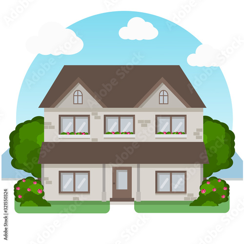Vector house in flat style. Green background with flowers.