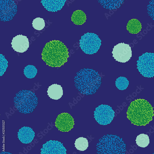 Vector seamless pattern, pom pom, bobble, dots in different blue shades and green. Repeating pattern.