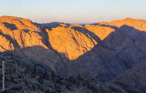 Egypt. Mount Sinai in the morning at sunrise.  Mount Horeb  Gabal Musa  Moses Mount . Pilgrimage place and famous touristic destination.