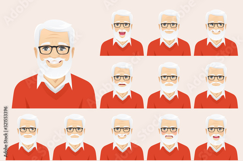 Handsome senior man with different facial expressions set vector illustration isolated