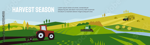 Harvest season and agriculture concept. Farm landscape, panoramic scenery of countryside in autumn. Vector illustration of tractors, plowing land, combine harvester and hayfield with haystack rolls. photo