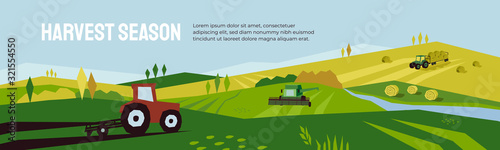 Harvest season and agriculture concept. Farm landscape, panoramic scenery of countryside in autumn. Vector illustration of tractors, plowing land, combine harvester and hayfield with haystack rolls.
