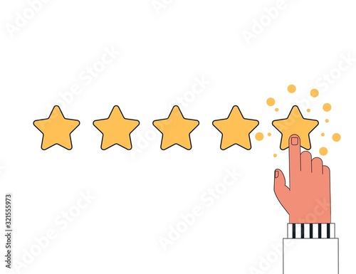 Customer reviews, rating, user feedback concept. The human finger clicks on the fifth star, leaving a positive rating. Flat vector illustration isolated on white background.