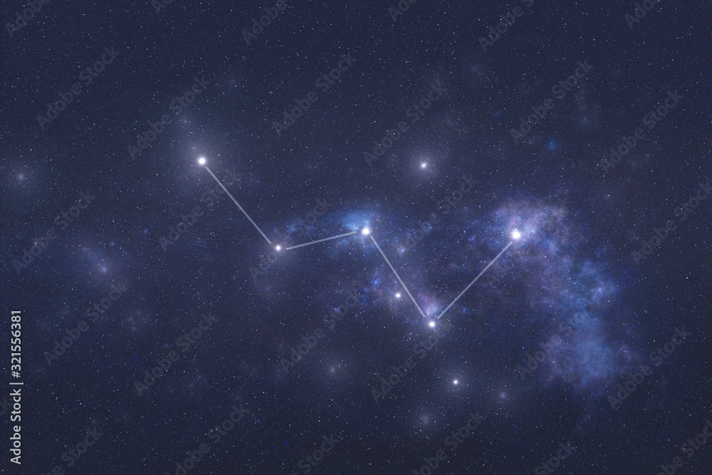 Cassiopeia constellation stars in outer space. Cassiopeia constellation lines. Elements of this image were furnished by NASA