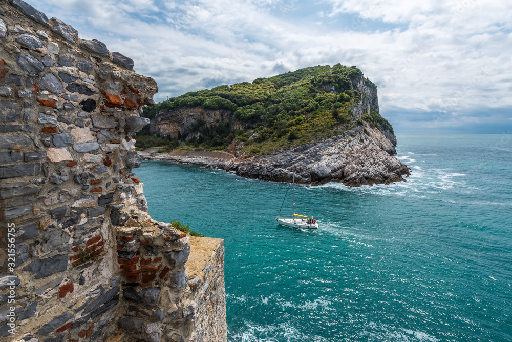 Ligurian coast. View from the old fortress in Portovenere town, Italy