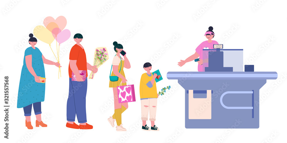 The cashier of the supermarket breaks through shopping to people in line - a man with a gift, a boy with a postcard, a girl with a bag and a woman with balls. Fashionable vector flat illustration The cashier of the supermarket breaks through shopping to people in line - a man with a gift, a boy with a postcard, a girl with a bag and a woman with balls. Fashionable vector flat illustration