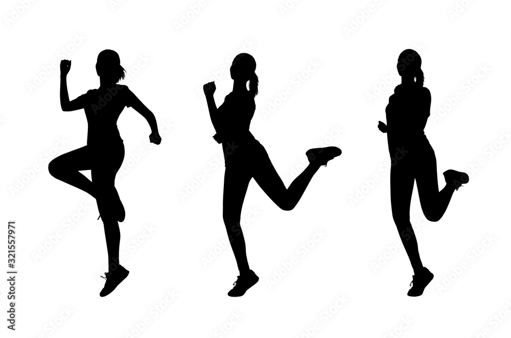 Collage of black silhouette of fitness woman jumping.
