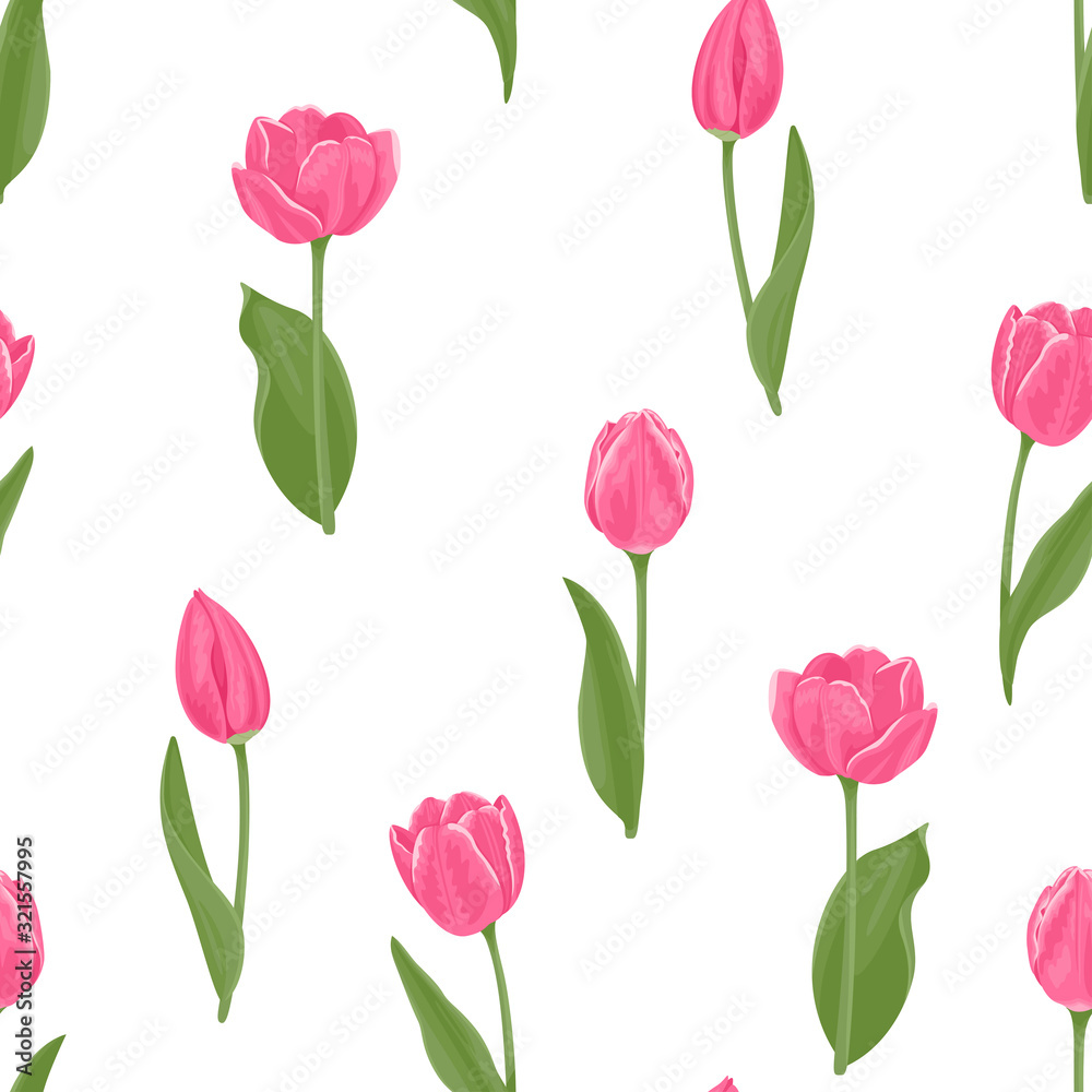 Pink tulips seamless pattern. Spring bright flowers with stems and leaves on a white background. Vector color holiday illustration in cartoon flat style.