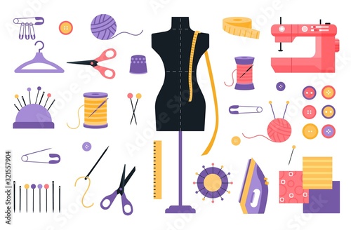 Vector tailor icons set  with sewing and knitting tools and accessories - sewing machine, needle, thread, bobbin, mannequin, iron, needle bed, scissors, hanger, button, fabric, pin, thimble.