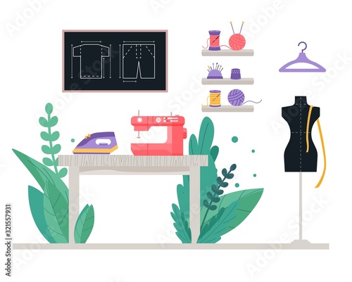 Workshop for a seamstress, fashion designer, dressmakers - there is a sewing machine, a mannequin, threads, drawings, a hanger, needles, an iron on the table, around flowers and plants.