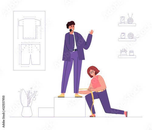 A seamstress woman measuring suit for a man, trousers for a customer, measures fabric with a tape measure, drawings for a tailor on a wall, sewing supplies, and an interior. 