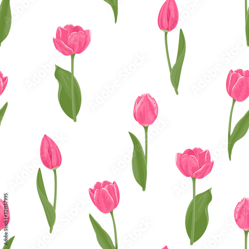 Pink tulips seamless pattern. Spring bright flowers with stems and leaves on a white background. Vector color holiday illustration in cartoon flat style.