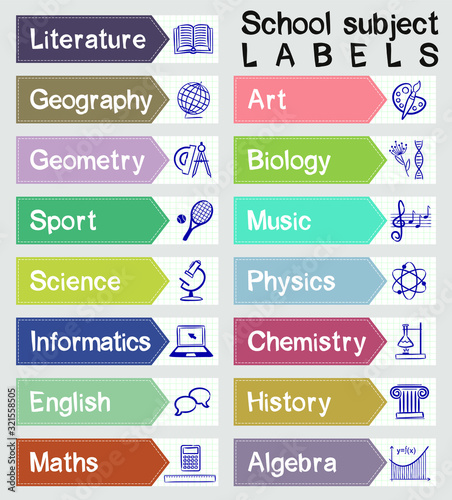 Rectangular color labels with names and icons of school subjects. Natural and mathematical science, additional education, tutorship, freelance, sport and art. 