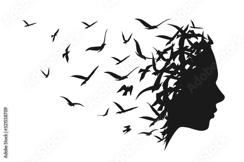 Black girl silhouette with birds on white background photo