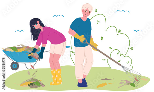 Cleaning a plot of land in the garden. A man rakes leaves and branches with a rake, a girl wearing gloves and yellow boots to clean up the garbage in the garden car. Spring and autumn cleaning