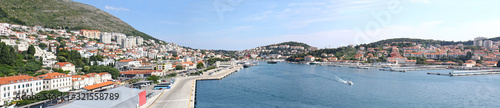 Panoramic view of Cruise Ship Pier. Dubrovnik, Croatia. Turquoise waters of Adriatic Sea.  Entrance to Dubrovnik inner harbour