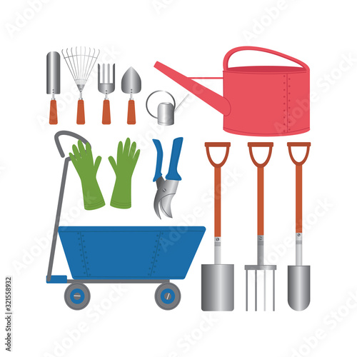 Set of garden tools for working in the garden and vegetable garden for cultivation and planting. For transplanting indoor plants and flowers. Flat vector illustration 