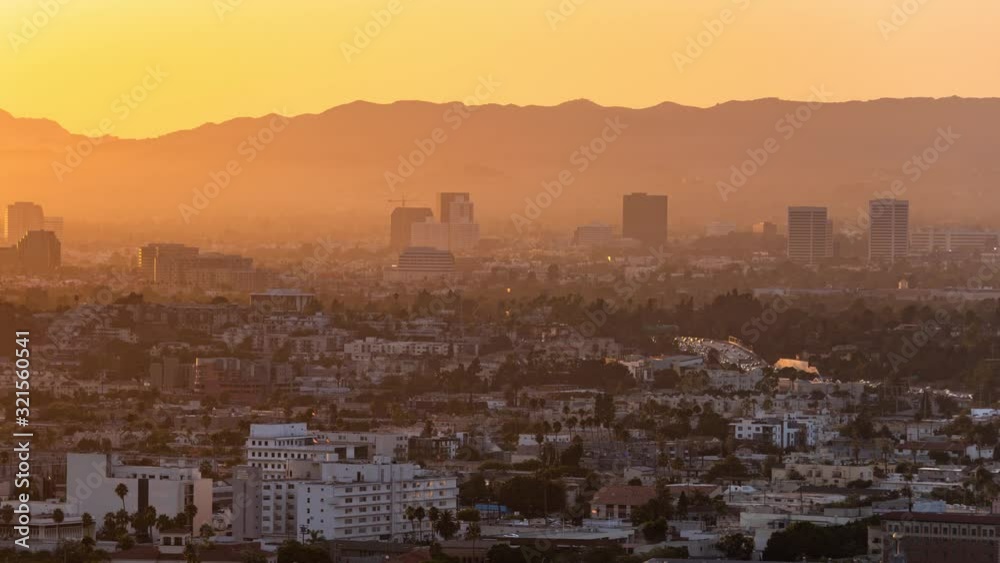 Los Angeles And Beverly Hills Sunset Skyline From Culver City Time Lapse Pan Left